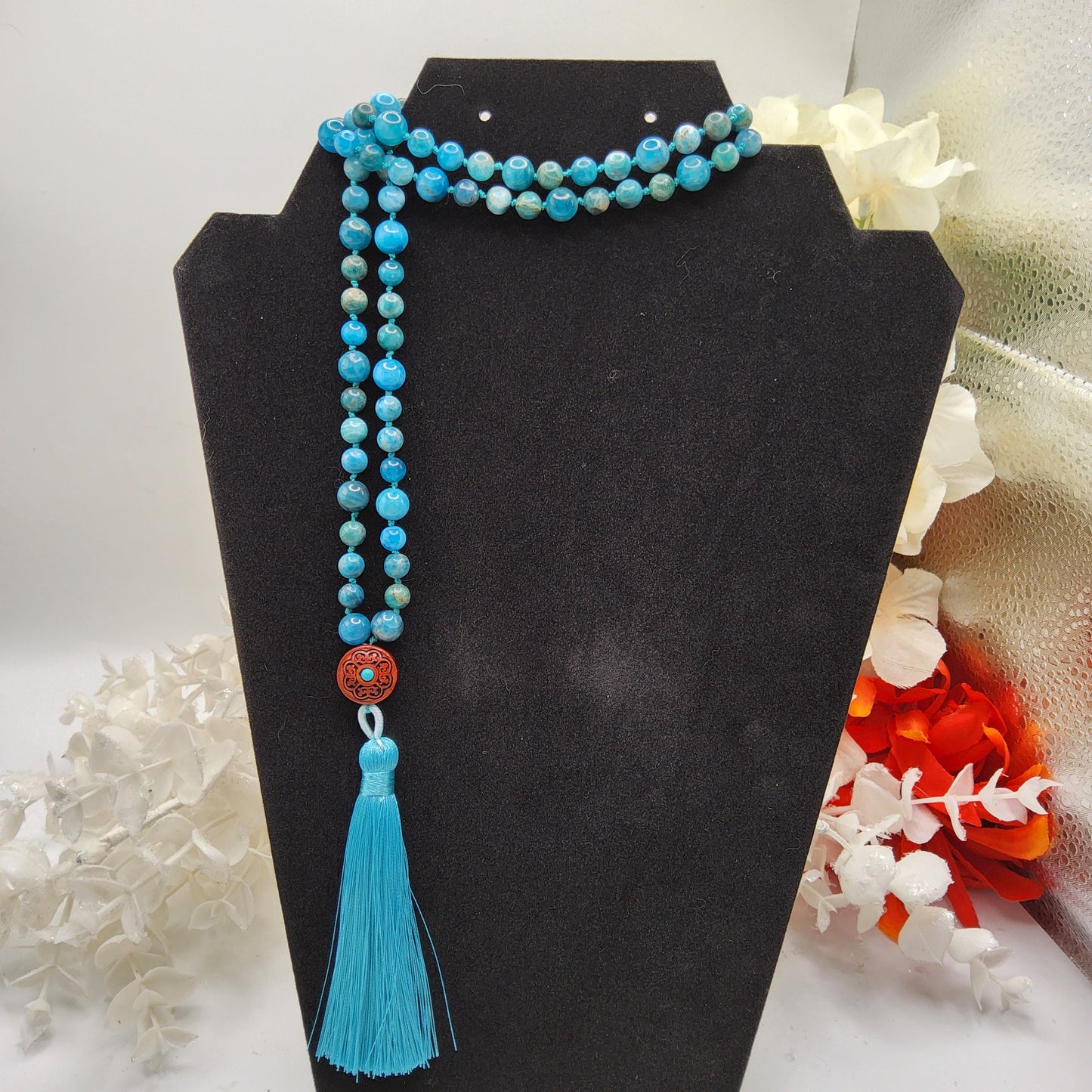 Mala Apatite 8mm and 6mm beads with Sandalwood accent