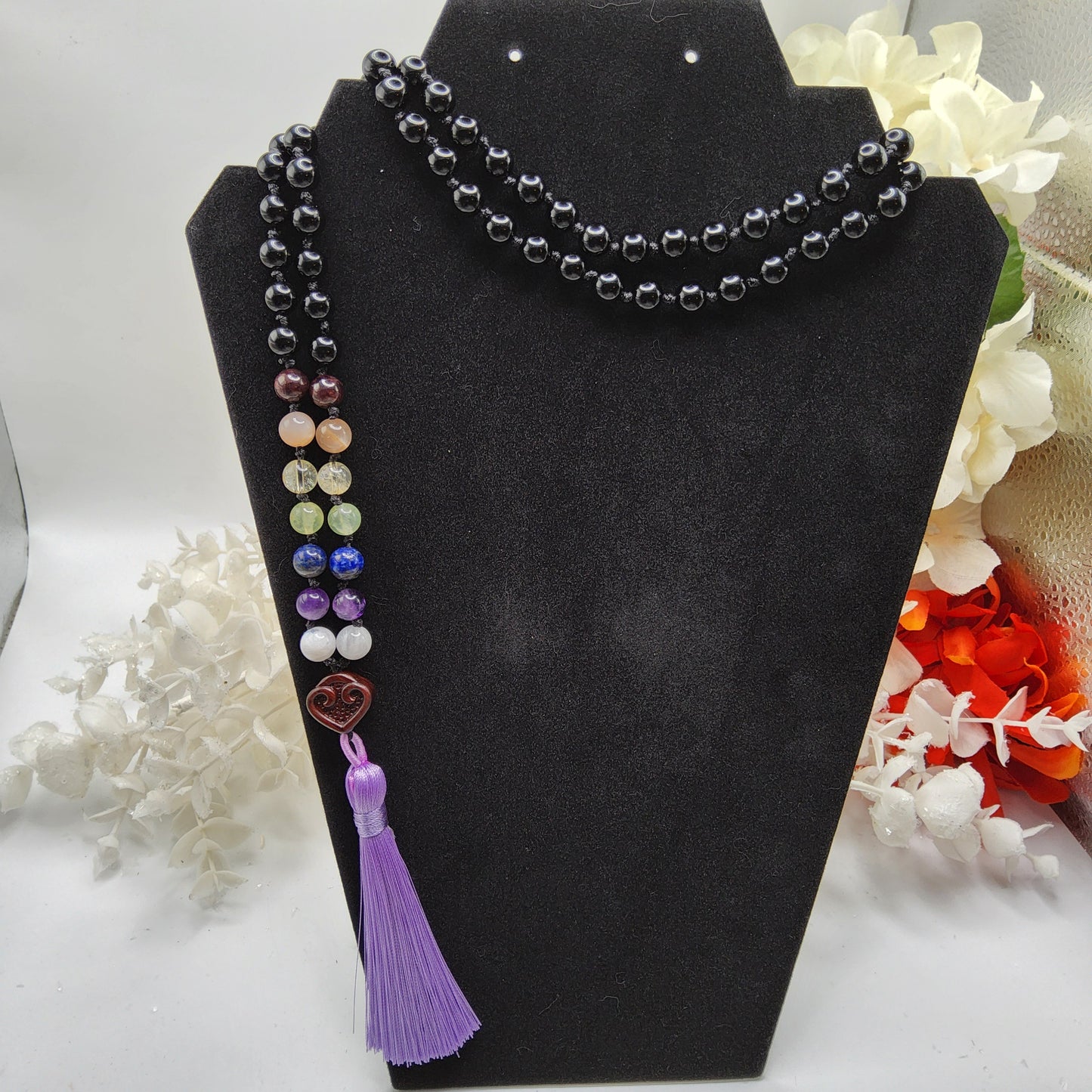 Mala Black Onyx and Chakra 7mm beads with Sandalwood Accents