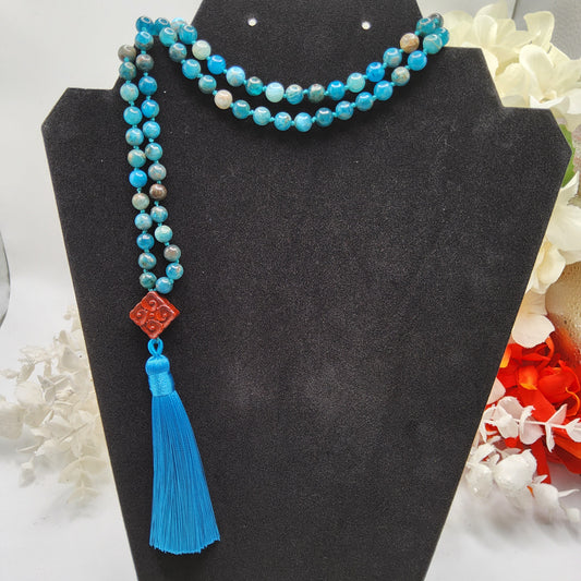 Mala Apatite 6mm bead with Sandalwood carved accent