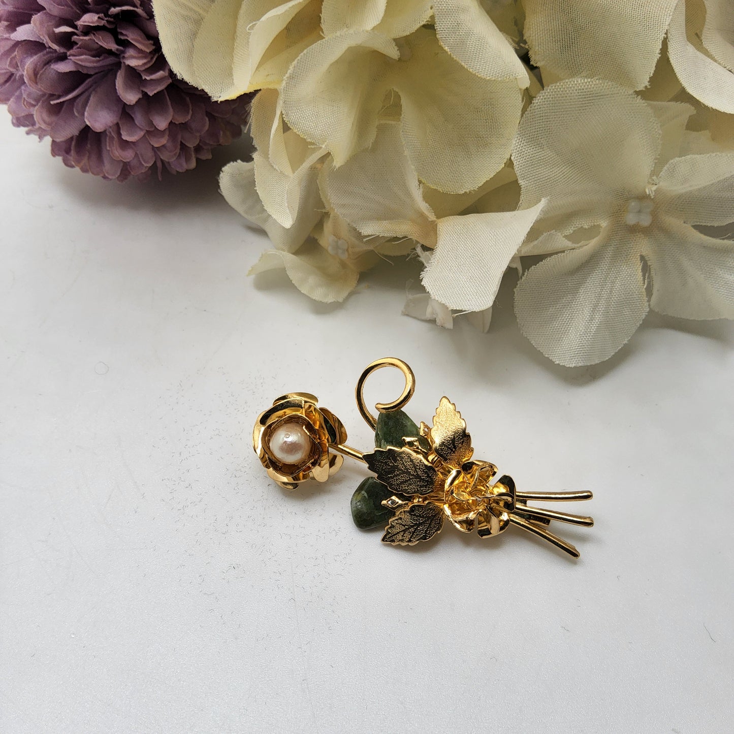 Vintage Gold Toned Pearl and Jade Flower Brooch