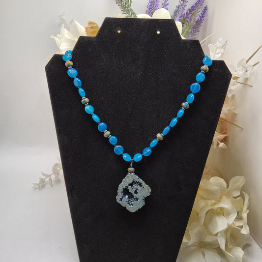 Druzy Agate with Blue Apatite Beads Handmade Necklace