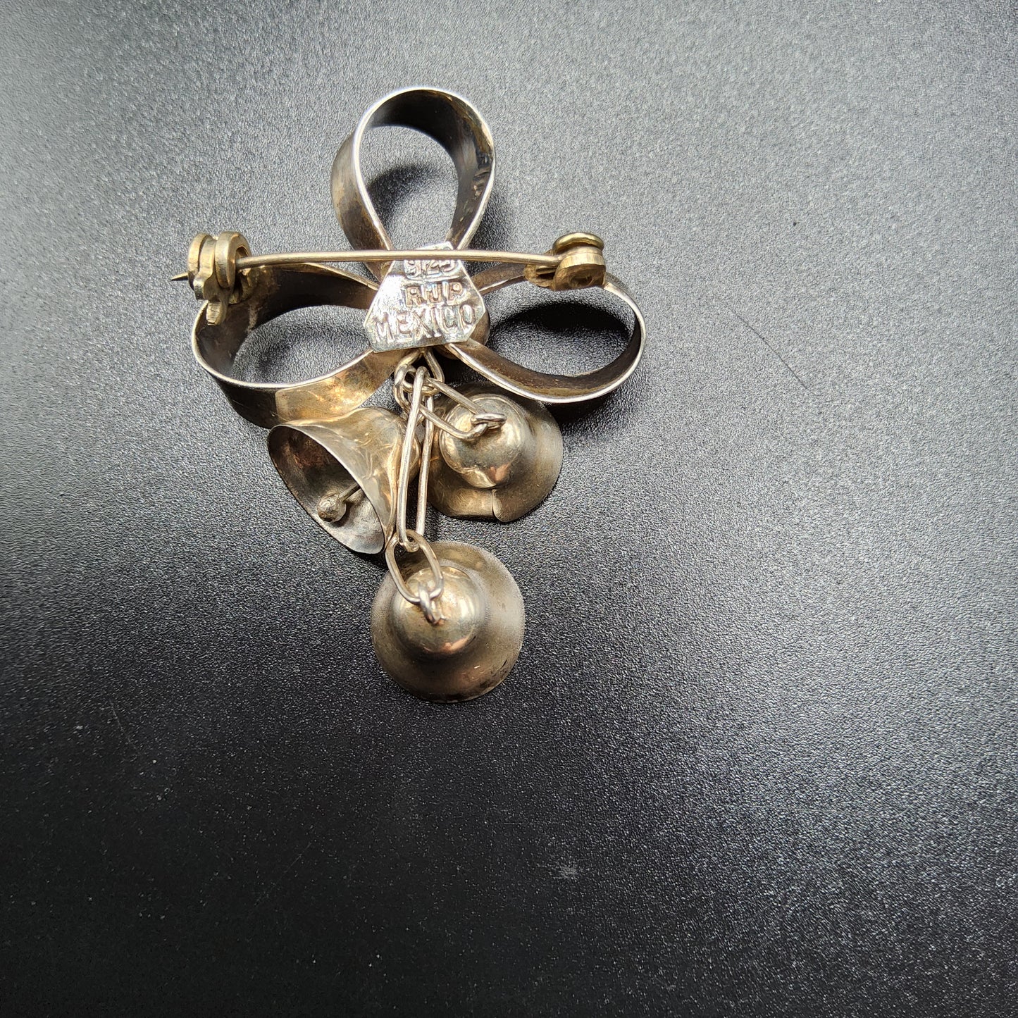 Vintage Mexico Sterling Silver Bow and Bells Brooch signed RJP